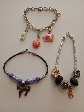 #1230. 3 Piece Charm Bracelet, Horse, Sport & Rhinestone Bracelet Bundle